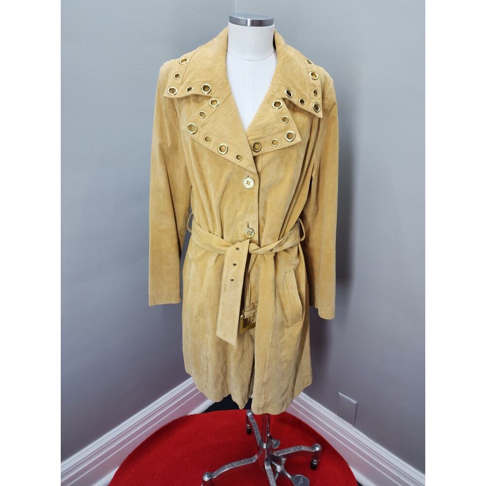 Y2K Bradley Bayou Butter Yellow-Tan Suede Trench Coat Floral Lined - XL - Picture 3 of 10